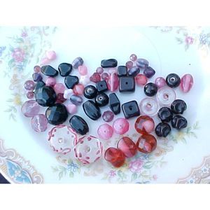 Valentines Day Beading Jewlery Making Pink Black Lampwork Czech Glass Bead Lot